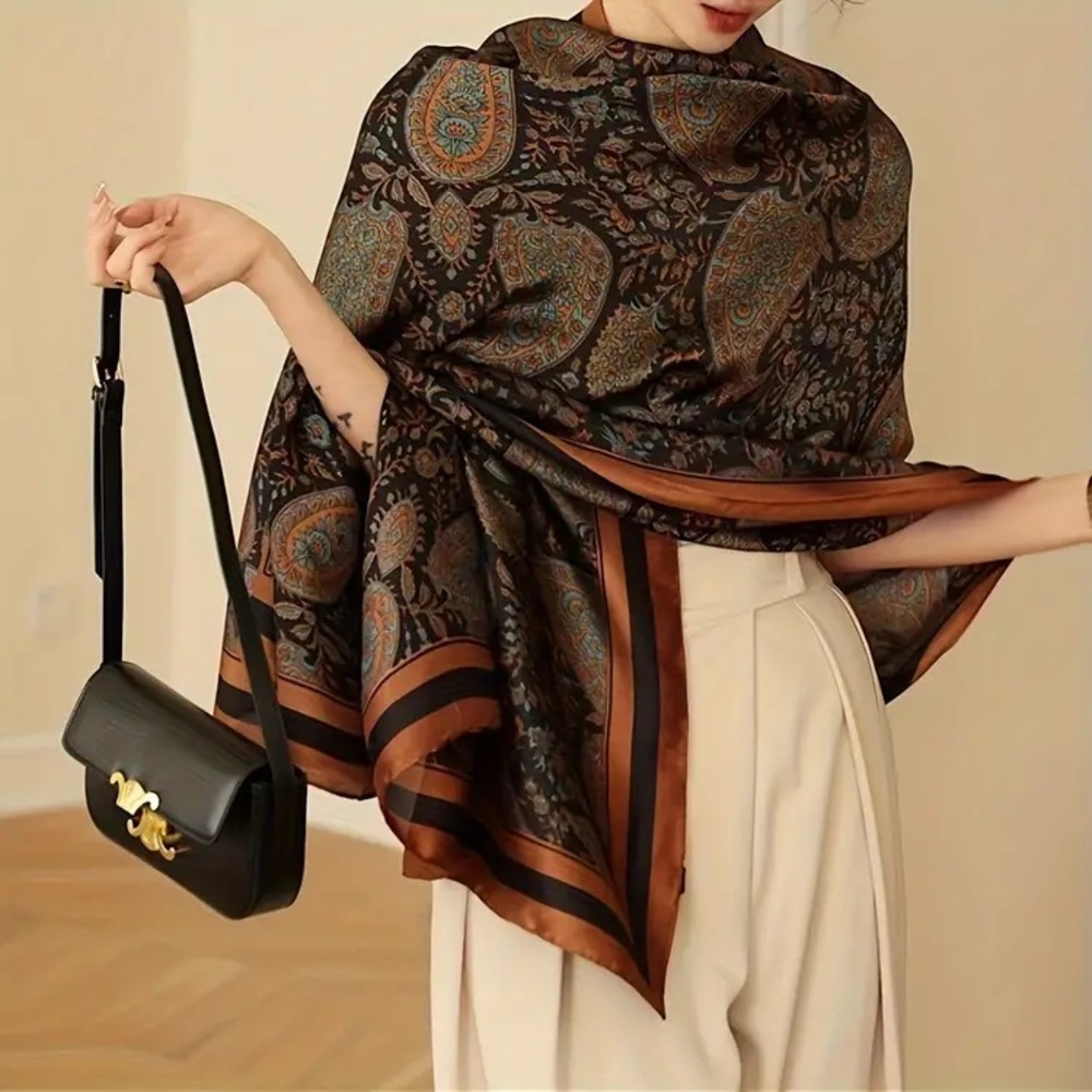 Shawl Scarf Botanical Print - Black, Terra Cotta, Turquoise - NEW